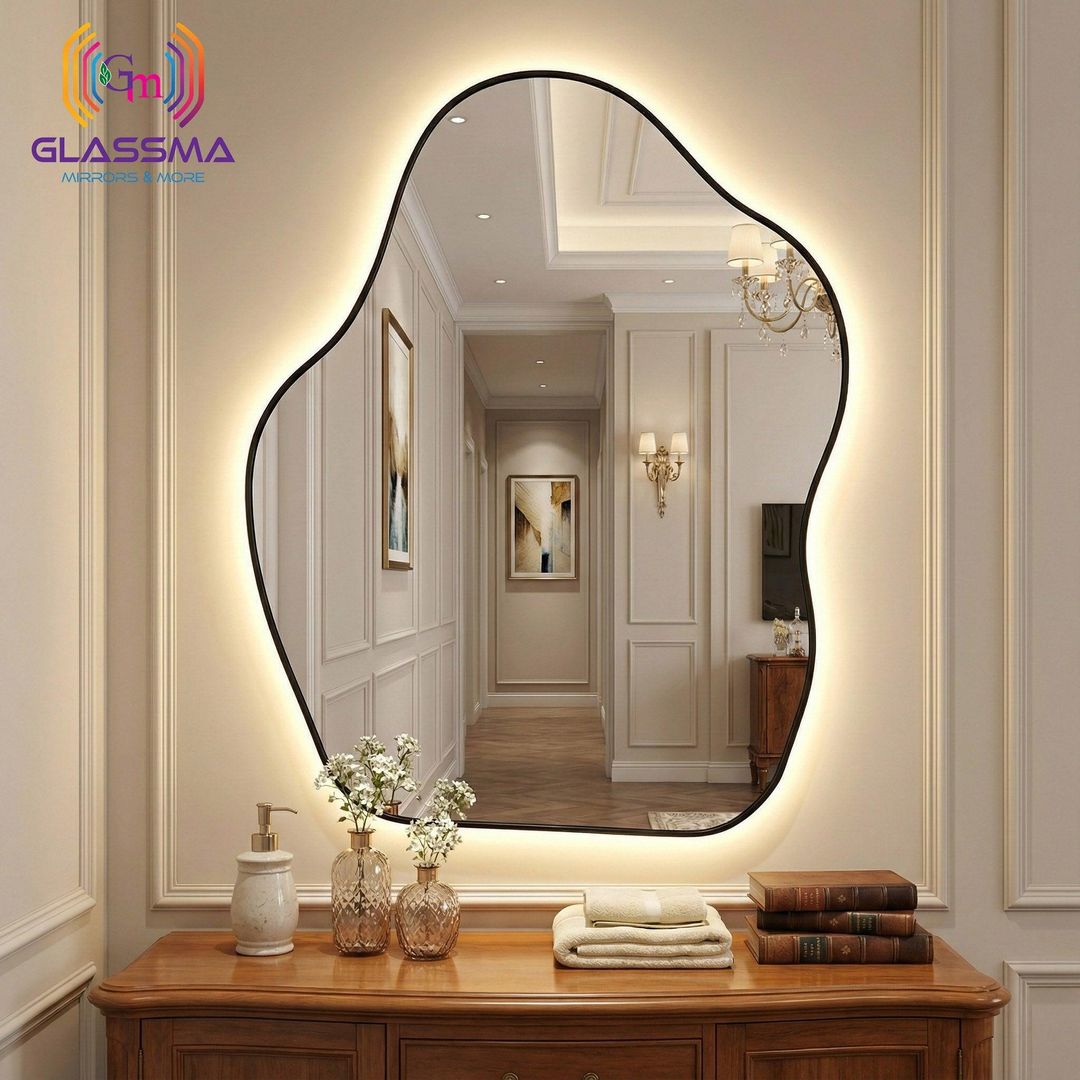 Modern Irregular LED Mirror | Backlit Black Aluminum Frame Bathroom Wall Mirror - Glassma